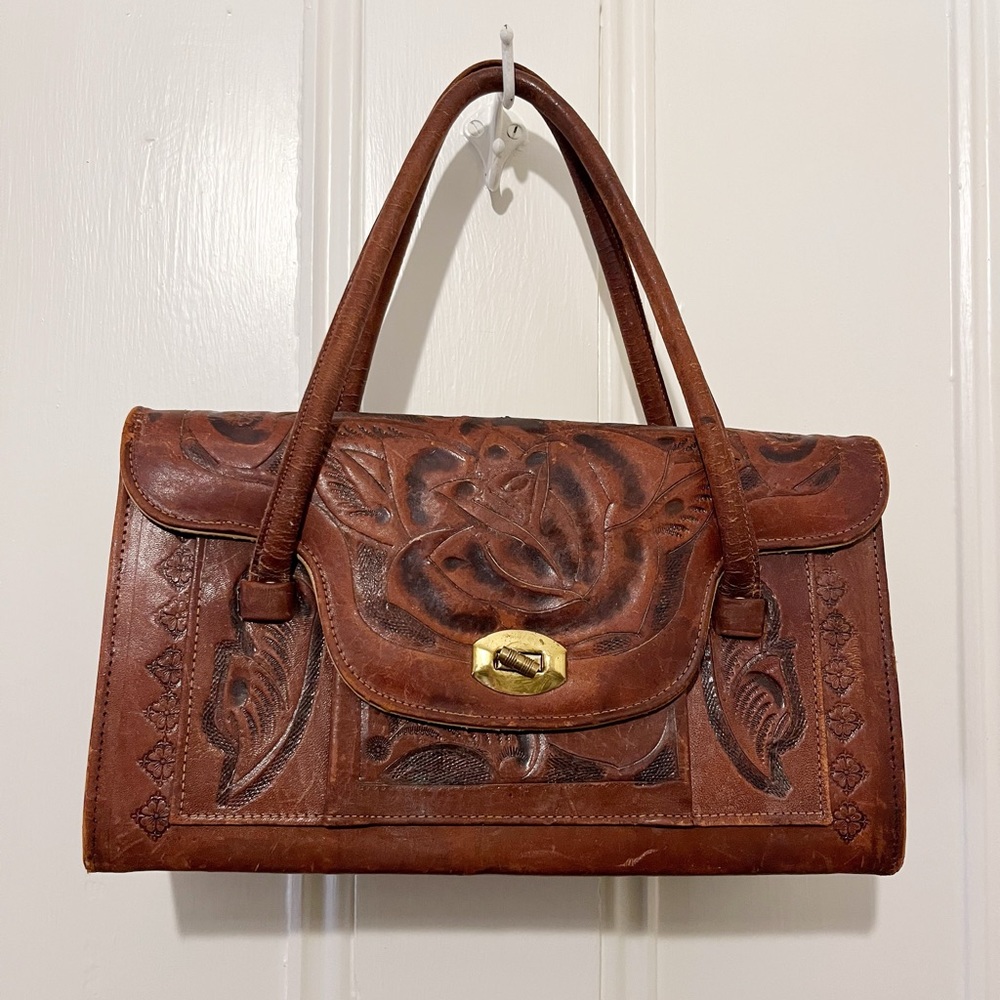 70s Vintage Mexican Brown Tooled Leather Purse